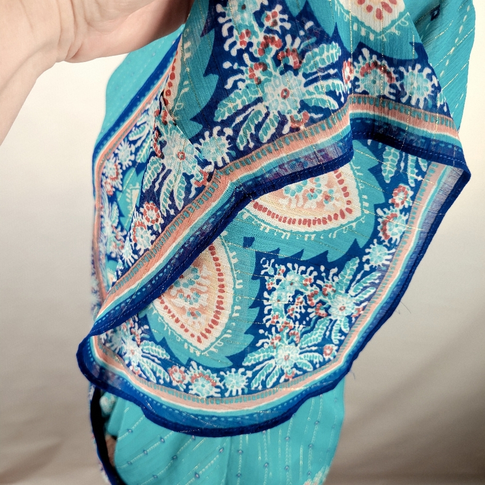Chicos Faux Wrap Top Teal Paisley Flutter Sleeve Hi low Front to back Size 2 - Picture 4 of 10